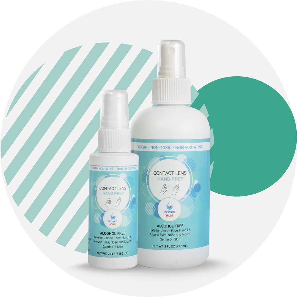 Two bottles of Vibrant Vue contact lens hand prep, Visionary Optics